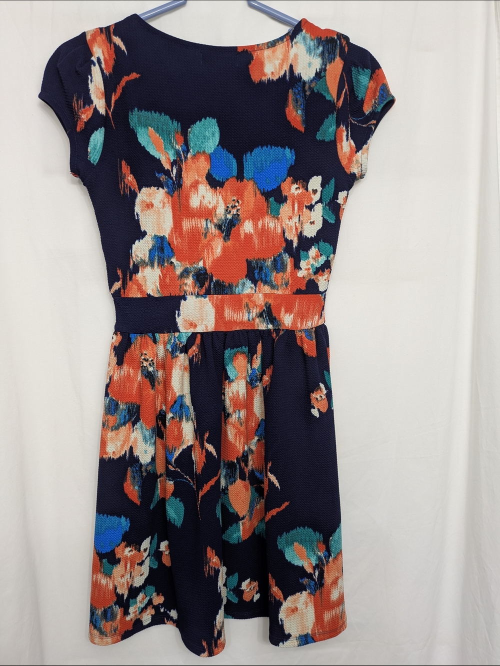 Three Hearts Navy Floral V-Neck Midi Dress with Teal & Coral Accents - Picture 5 of 7